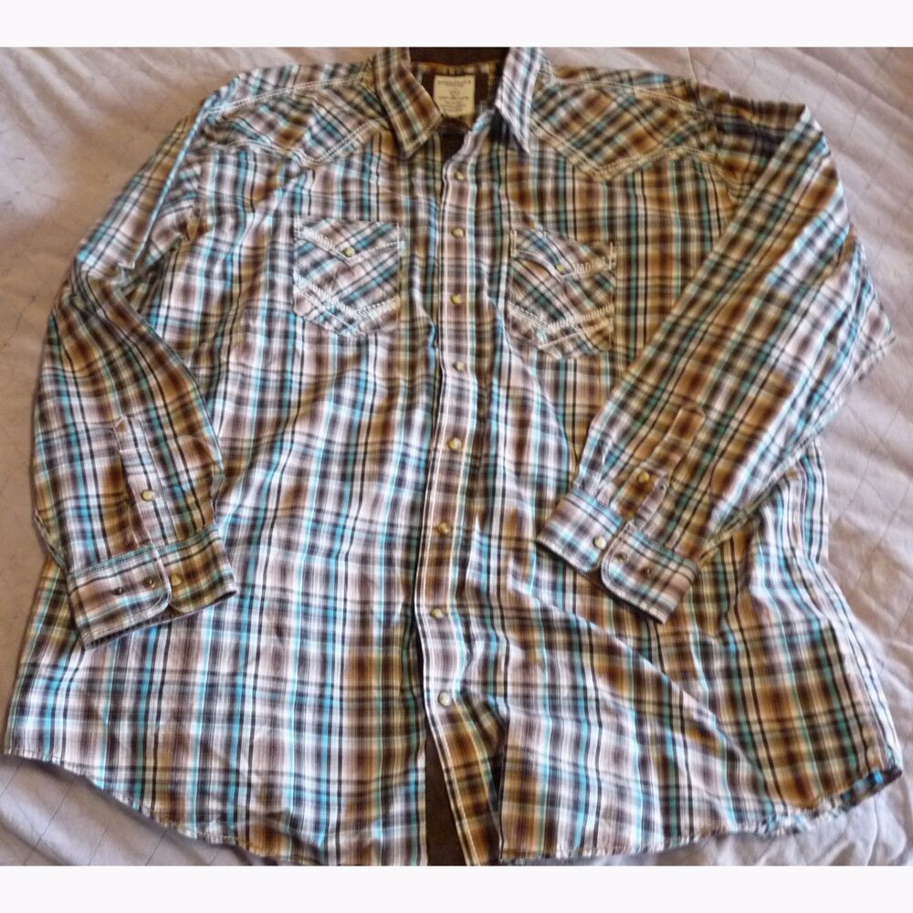 Panhandle Rough Stock Snap Front 100% Cotton Cowboy Shirt Overstiched Seams XXL